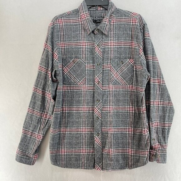 Distortion Button-Up Shirt Men's Sz L Gray Red Plaid Collared Chest Pockets - Picture 1 of 8